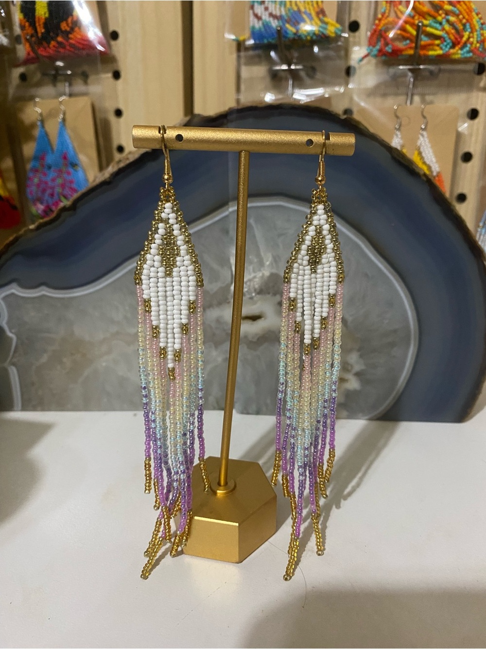 Gold-Accented White Beaded Fringe Earrings — Pastel Ombre